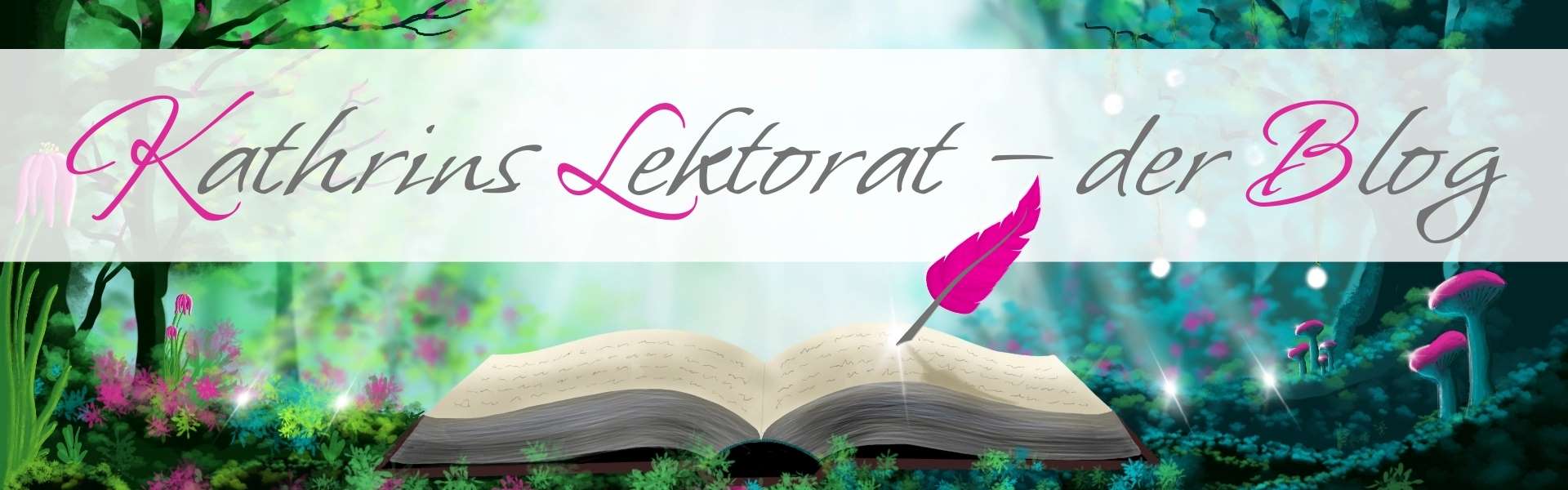 Schriftzug Kathrins Lektorat – der Blog auf weiß. Im Hintergrund der Wald aus dem Logo.